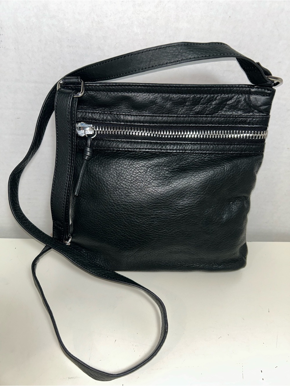 Margot Black Pebbled Leather Zip Crossbody Shoulder Bag